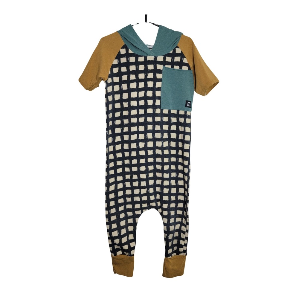 RAGS Kids Hooded Romper 2T Short Sleeve Grid Print Mustard Teal Black